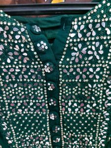 Beautiful Bottle Green Mirror Work  Suit With Umbrella Plazo And Dupatta