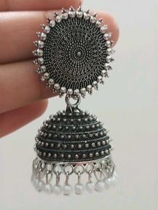 OXIDISED SILVER TONE JHUMKA EARRINGS