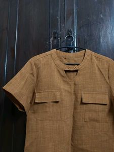 Chic Mustard/Brown Textured Tunic Top with Notch N