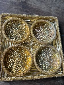 Gold Woven Coaster Set with Tray