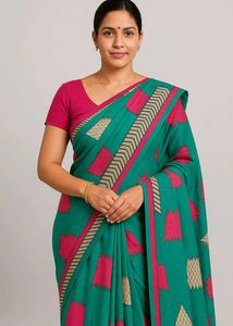 Green Printed Saree with Pink Accents