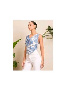 Blue Toile Cowl Neck Top
