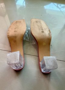 Nude Block Heel Mules with Clear Strap
