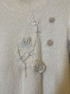 White Fuzzy Sweater with Floral Detail