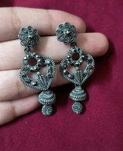 Silver Tone Dangle Oxidised Earrings