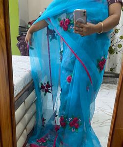 Blue Organza Saree with Floral Embroidery