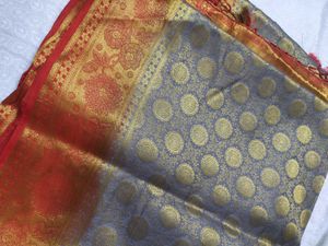 Grey And Red Banarasi Saree