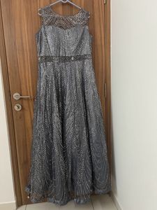 Grey Glitter Ethnic Gown With Transparent Neck