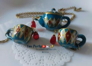 Handmade Blue Teapot &amp; cup set Earring/Necklace