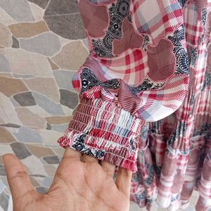 Eclectic Pleated Plaid Floral Mixed Print Top