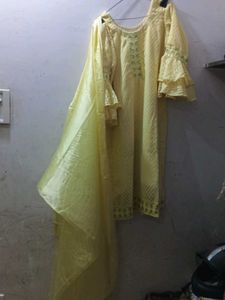 Yellow Embroidered Kurti with Ruffle Sleeves