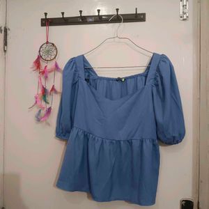 Blue Square Neck Puff Sleeve Top