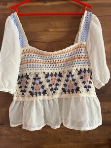Crochet Peplum Top with Sheer Sleeves
