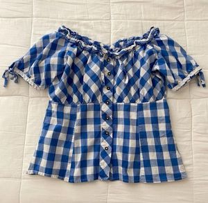 Vintage Gingham Cottagecore Blouse – Blue &amp; White