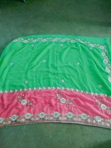 Green &amp; Pink Floral Saree