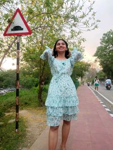 Floral Green Leaf Printed Western Dress