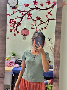 Olive Green Ribbed Button T-Shirt