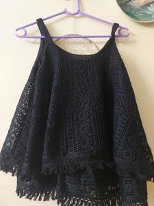 Black Crochet Tank Top with Fringe