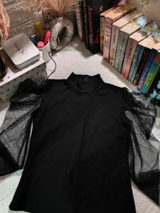 Black Mock Neck Top with Mesh Sleeves