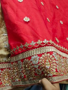 Red With Sandal Net &amp; Silk Saree