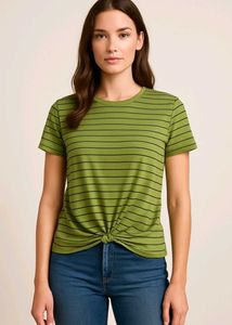 Olive Striped Knot-Front Tee