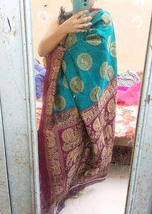 Beautiful Blue And Maroon Saree With Elephant An