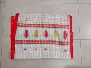 Red &amp; White Assamese Mekhala Chador(Without Blouse