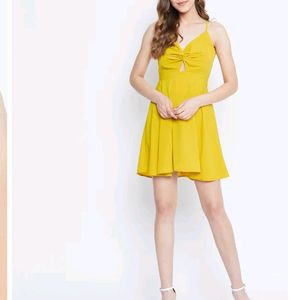 Today&#39;s Offer ₹150 Berrylush Women Solid Yellow Front Twist Knot Fit &amp; Flare Mini Dress For Women (Mustard Colour)