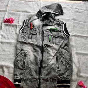 Gray Denim Vest with Hood