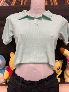 Mint Ribbed Polo Crop Top
