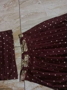 Meroon And Golden Print Pattupavada Set