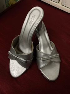 Silver Metro Heels with Bow Detail