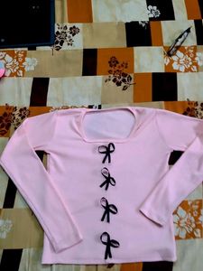 Squeare Neck Pink Long Sleeve Top with Bows