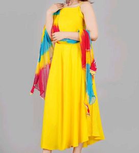 Bright Yellow Anarkali Dress with Colorful Dupatta