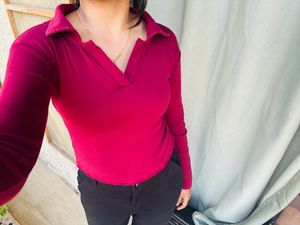 Maroon Cotton Collared Top
