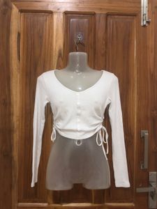 White Ribbed Button-Front Top