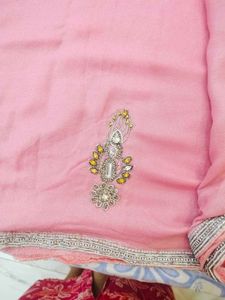 Pink Saree heavy hand work new with Blouse Piece