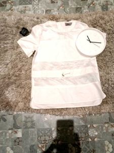 White Striped Mesh Detail Top