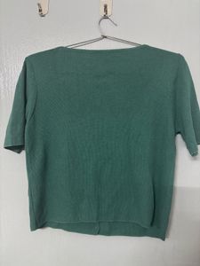 Green Button-Up Cardigan Scoop Neck Top