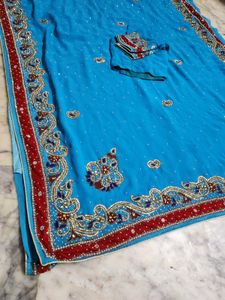 Elegant Blue Embroidered Saree