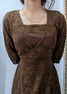 Brown Rose Pattern Mid Dress