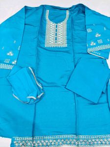 Teal Embroidered handwork dress material