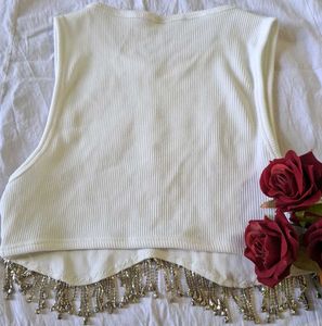 White Rhinestone Fringe Crop Top
