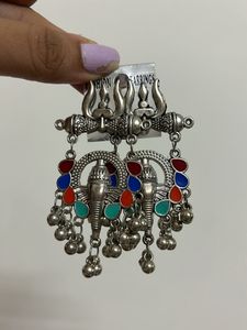 Ganesha Trishul Colourful Silver Jhumka