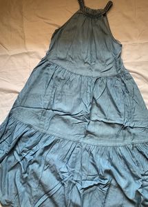 Blue Denim Halter Neck Full Length Dress