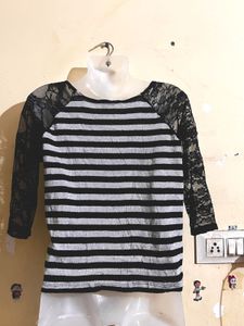 Striped Top with Lace Sleeves