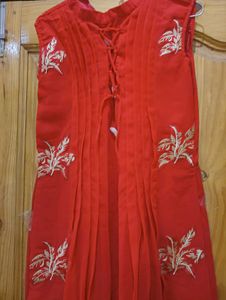 Red Embroidered Sleeveless Kurti