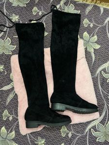 Black Suede Thigh High Flat Boots