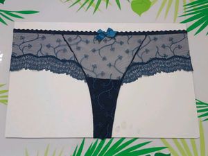 (800)Dark Blue Floral Lace Sheer Thong Panties