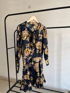 Yellow Bluish Floral Print Drop Waist Midi Dress